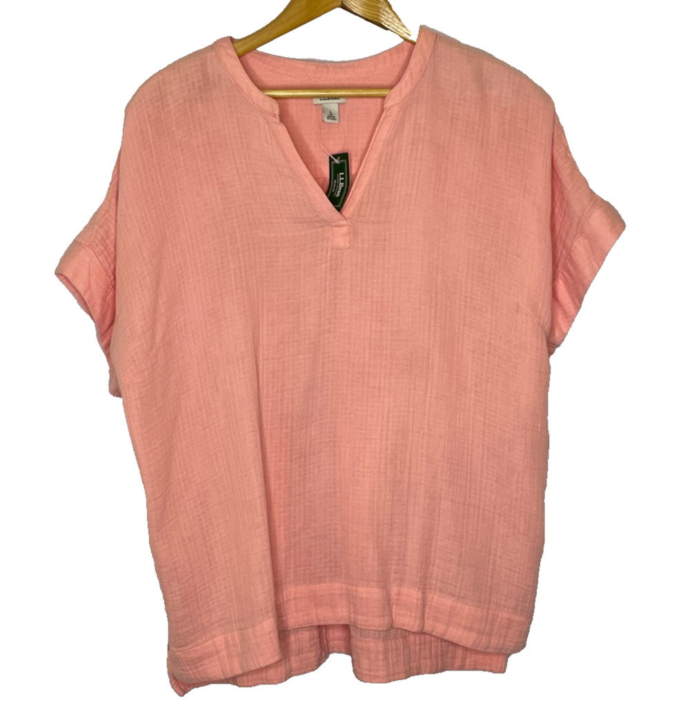 Women's Large L.L.Bean Cloud Gauze Cotton Coral Short Sleeve Blouse NEW